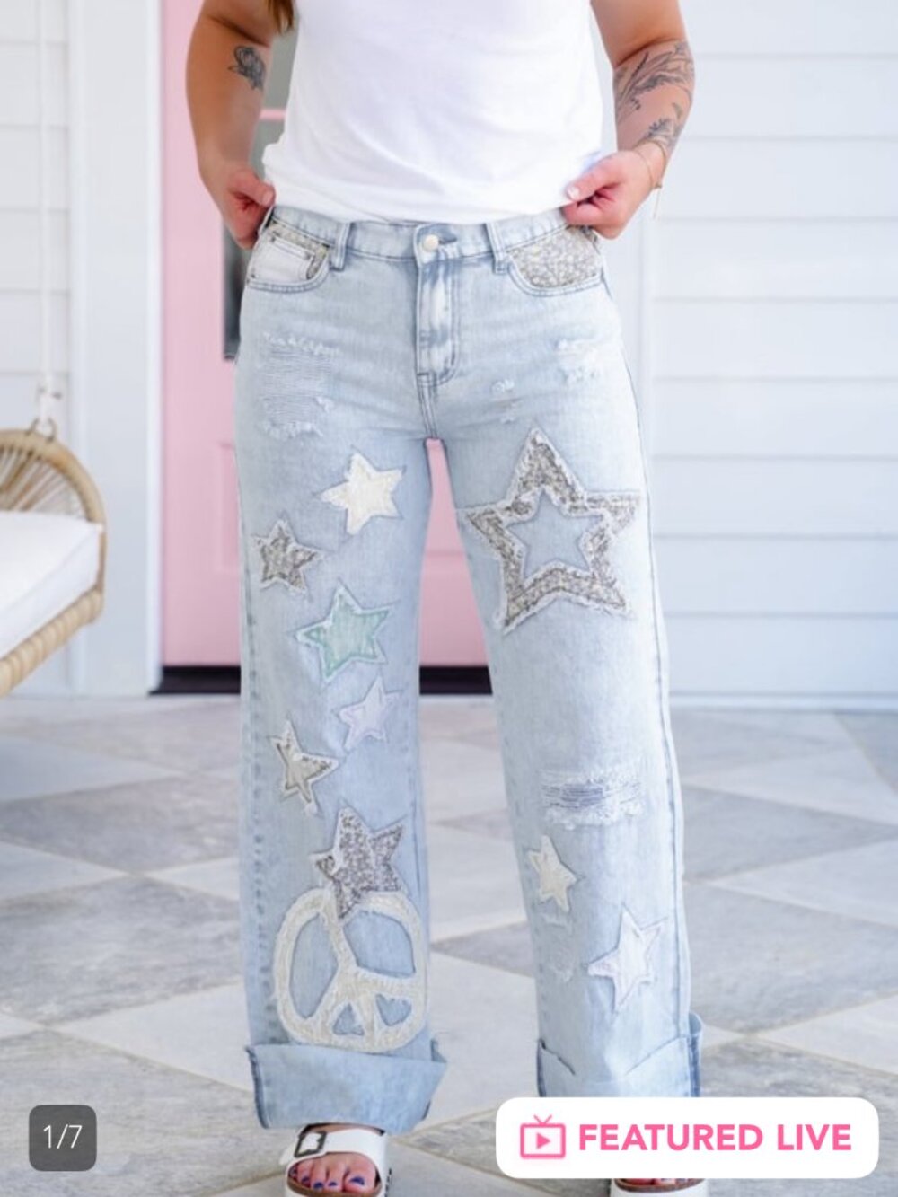Oli & Hali - Mineral Wash Wide Leg Jeans with Star Patchwork Detail - Light Wash